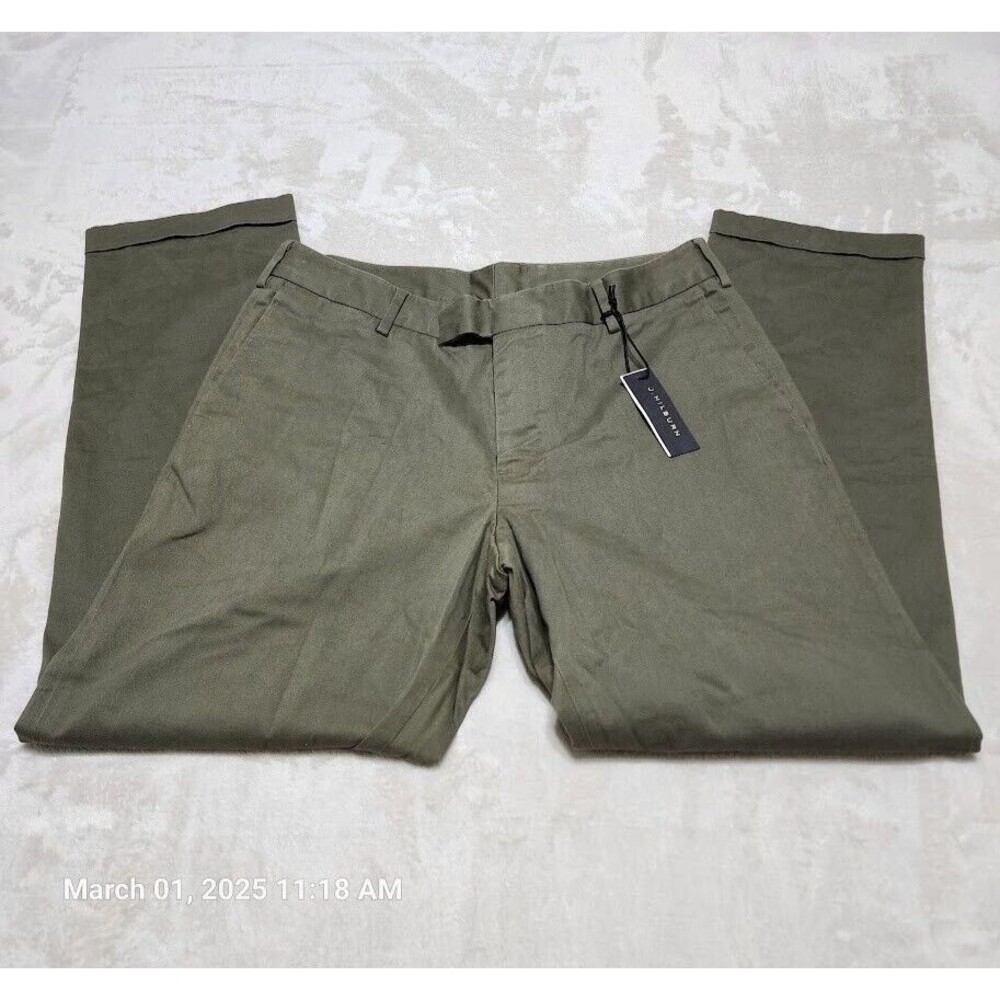 J Hilburn Mens Army Green Chinos 34/30 Straight Leg Cuffed Slash Pocket Zip Hook